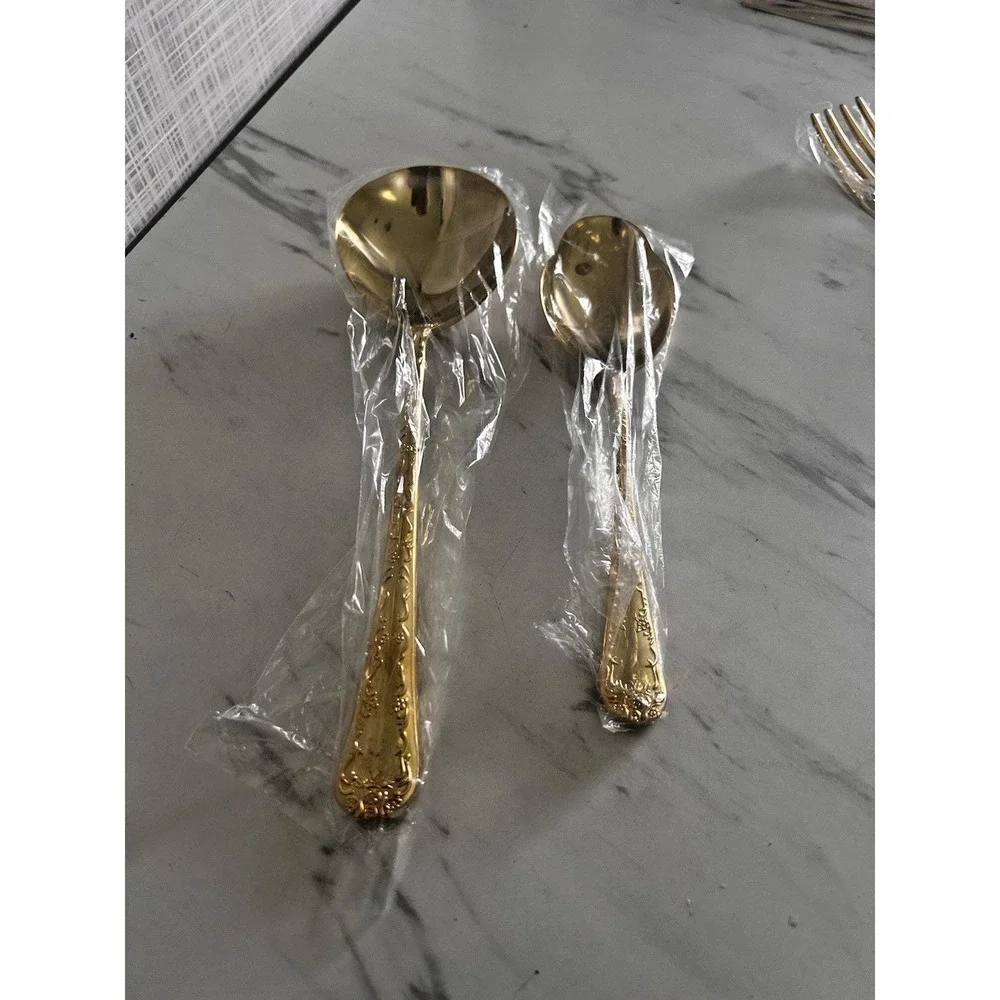 WM Rogers & Son Gold Tone Serving Spoon Meat Fork Soup Ladle Enchanted Rose A